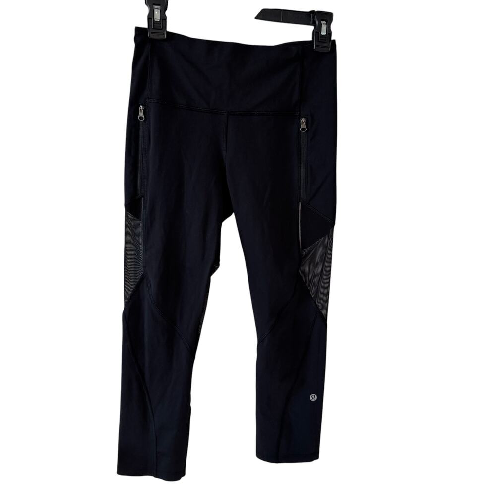 Lululemon Mesh Panel Cropped Leggings Black Zip Pockets Size 6‎ EUC
